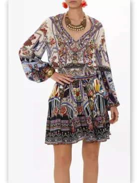 Women’s Crystal Embellished Shirred Relaxed Mini Dress with Multicolored Print