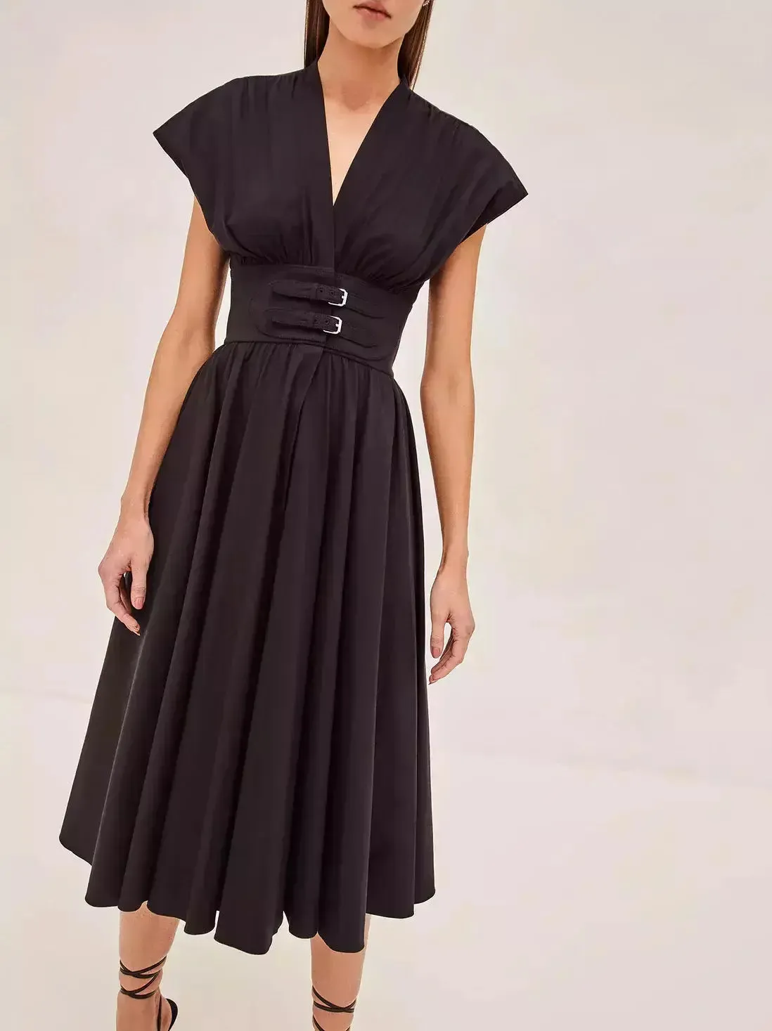Women’s Double Buckled A-Line V-Neck Cotton-Blend Dress