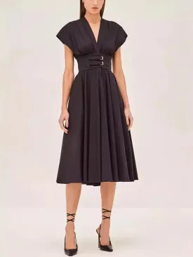 Women’s Double Buckled A-Line V-Neck Cotton-Blend Dress