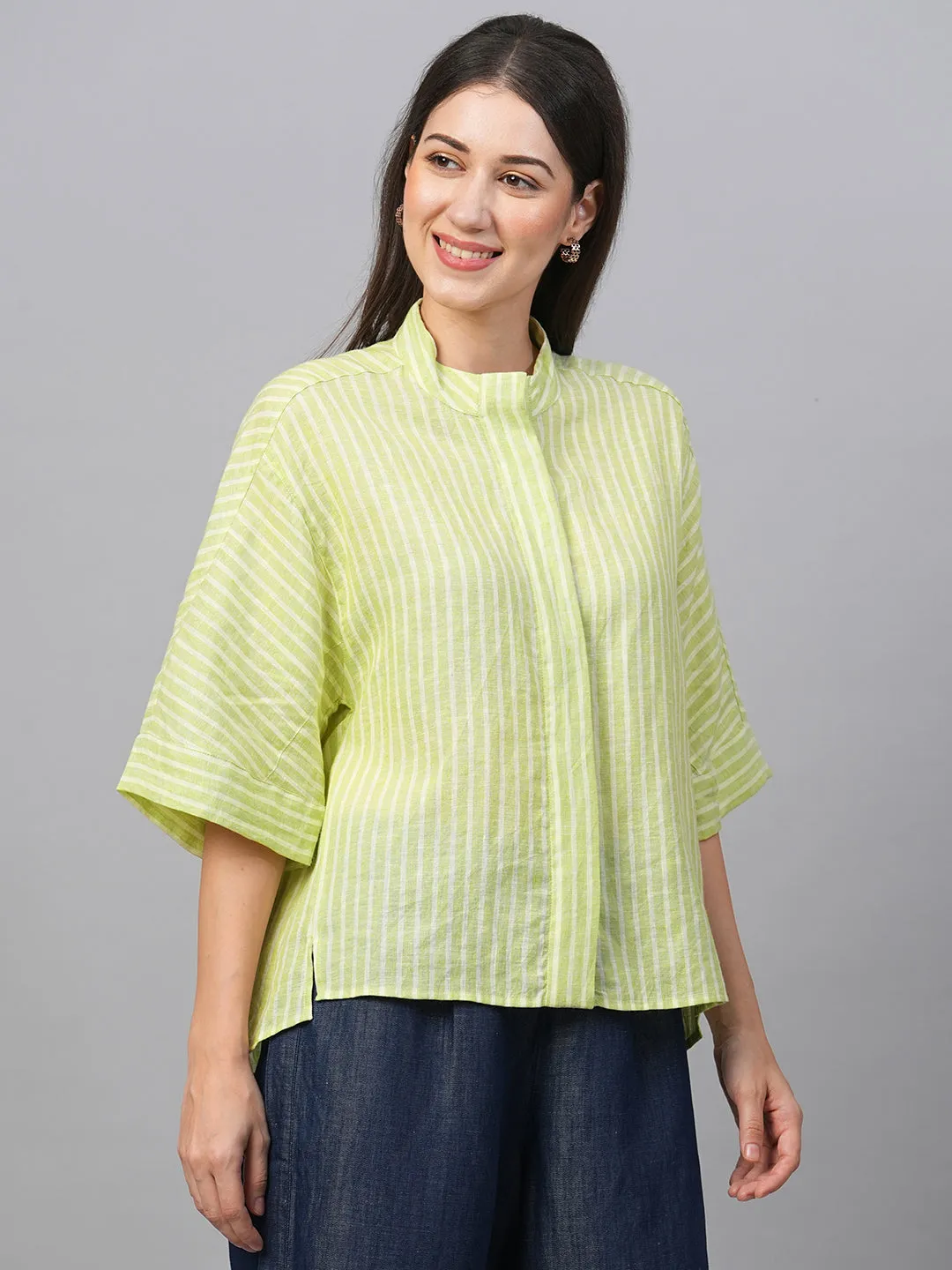 Women's Green Linen Boxy Fit Blouse