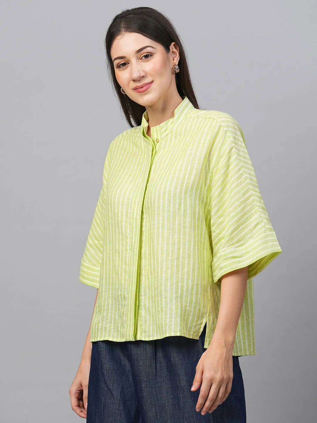 Women's Green Linen Boxy Fit Blouse