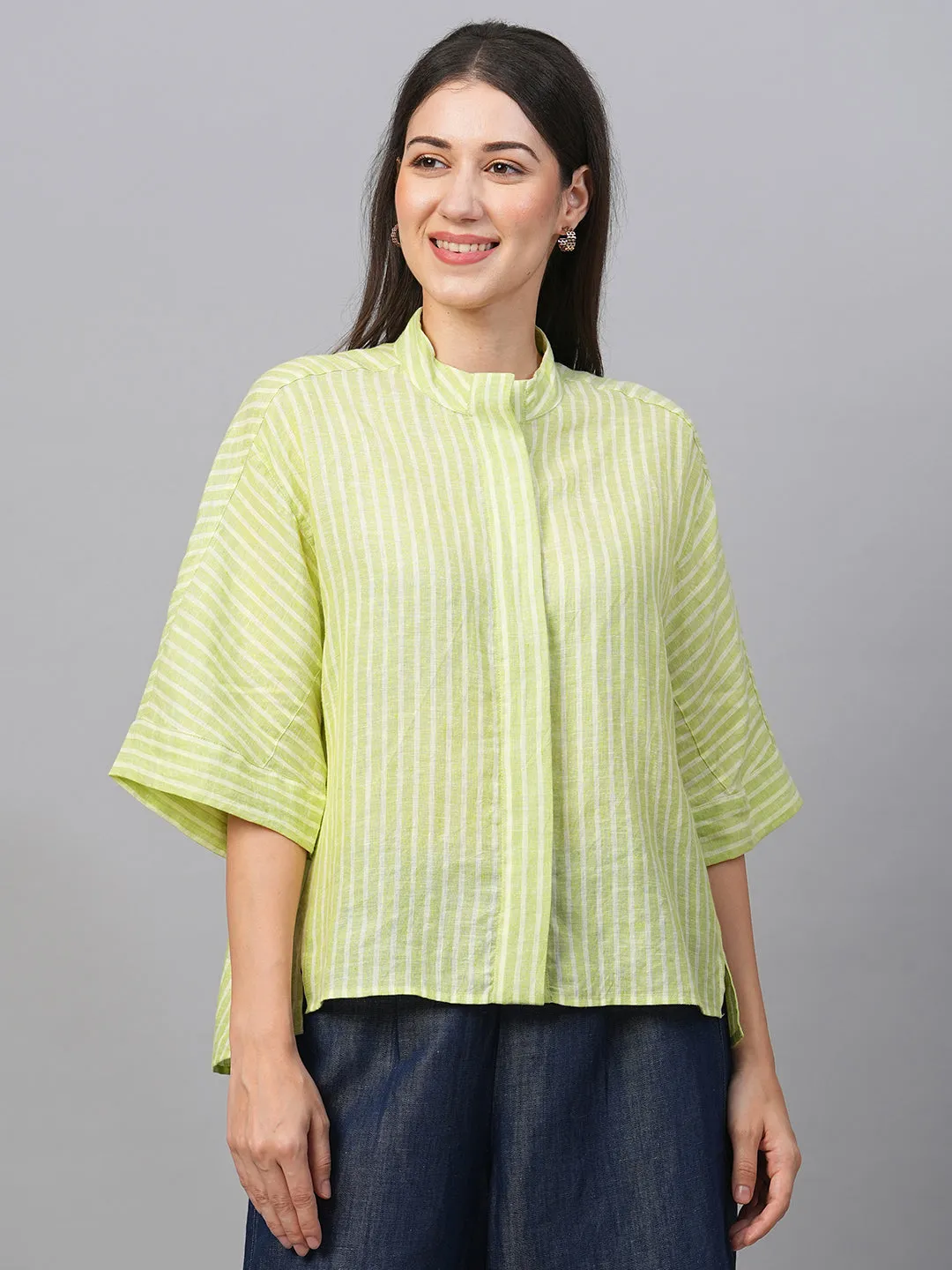 Women's Green Linen Boxy Fit Blouse