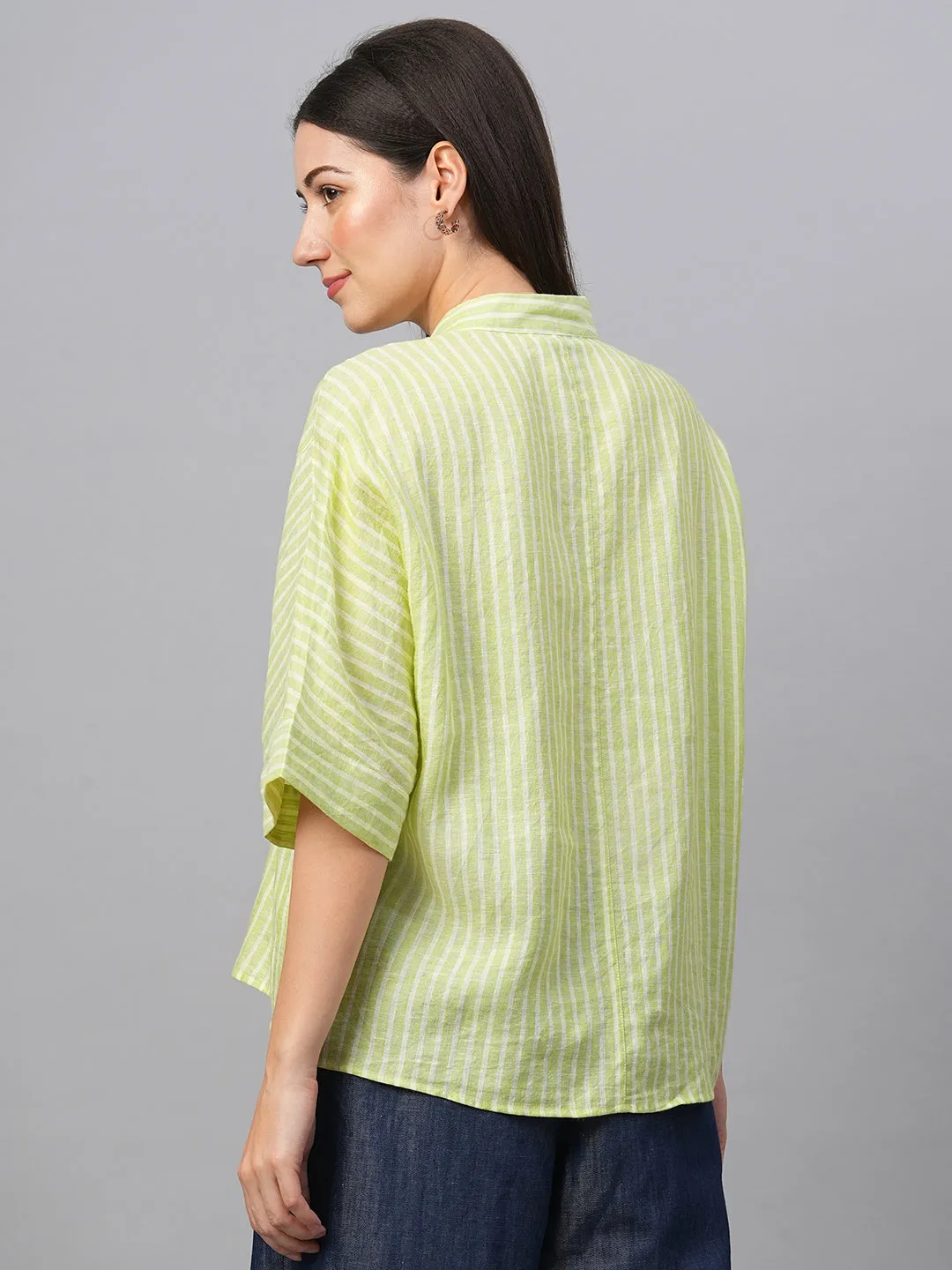 Women's Green Linen Boxy Fit Blouse