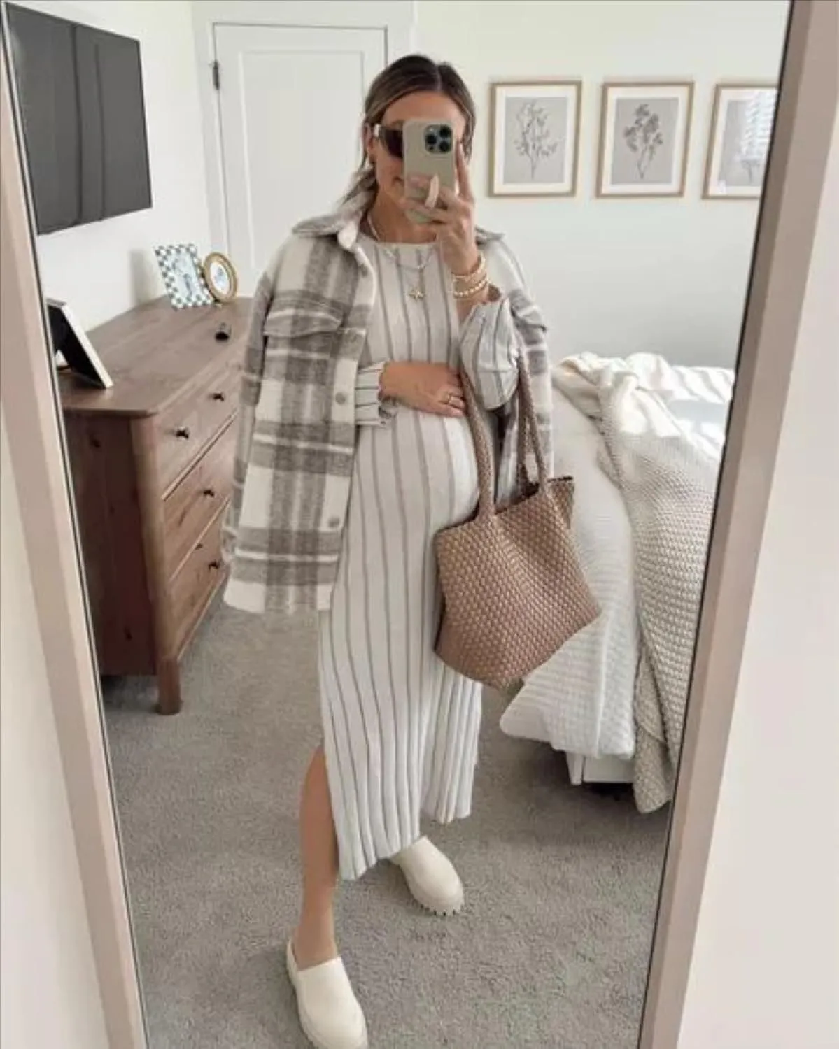 Yousify Womens 2025 Trendy Spring Long Sleeve Sweater Dresses Casual Round Neck Split Hem Striped Midi Dress