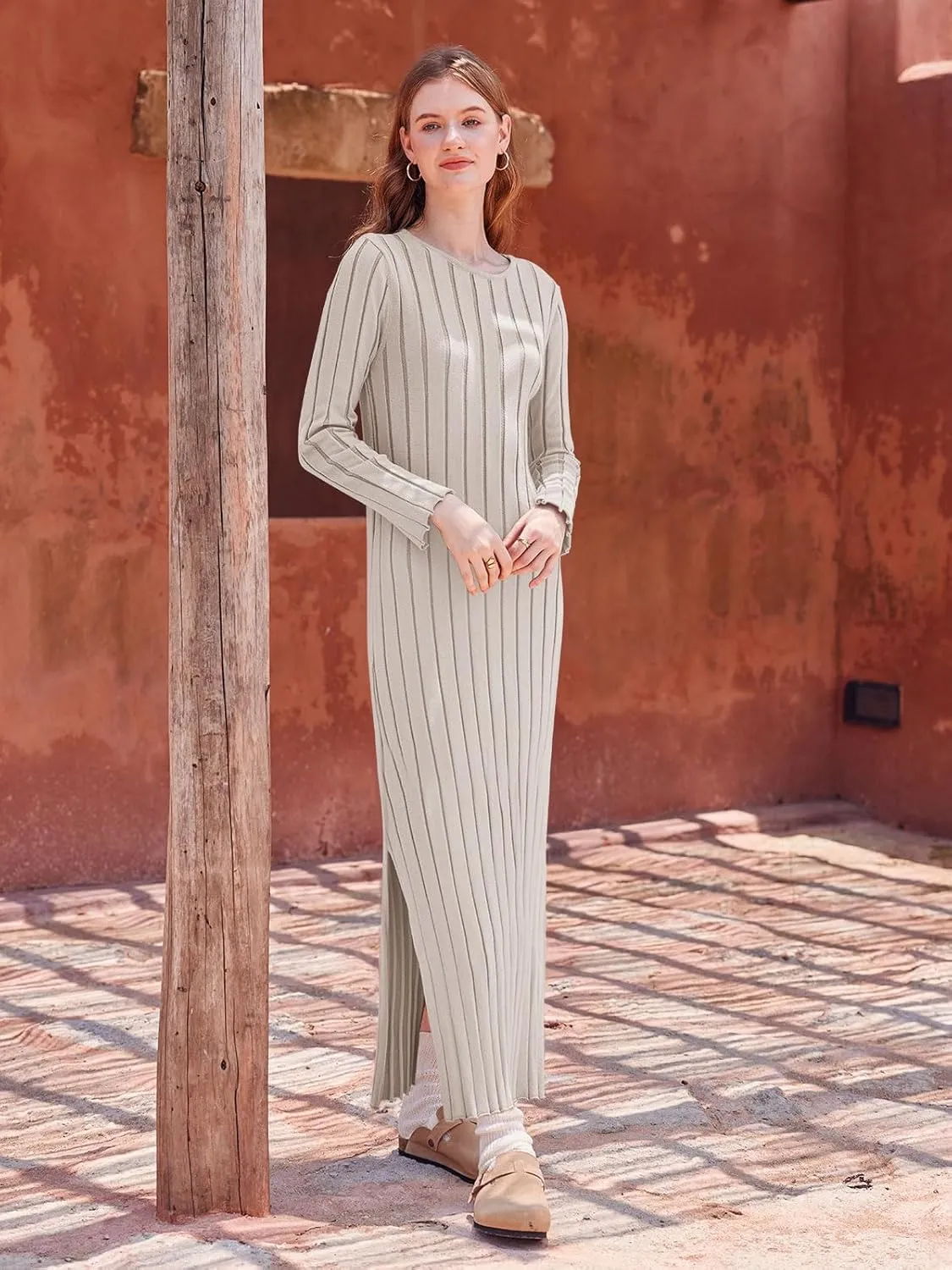 Yousify Womens 2025 Trendy Spring Long Sleeve Sweater Dresses Casual Round Neck Split Hem Striped Midi Dress