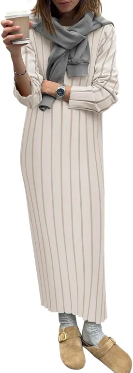 Yousify Womens 2025 Trendy Spring Long Sleeve Sweater Dresses Casual Round Neck Split Hem Striped Midi Dress
