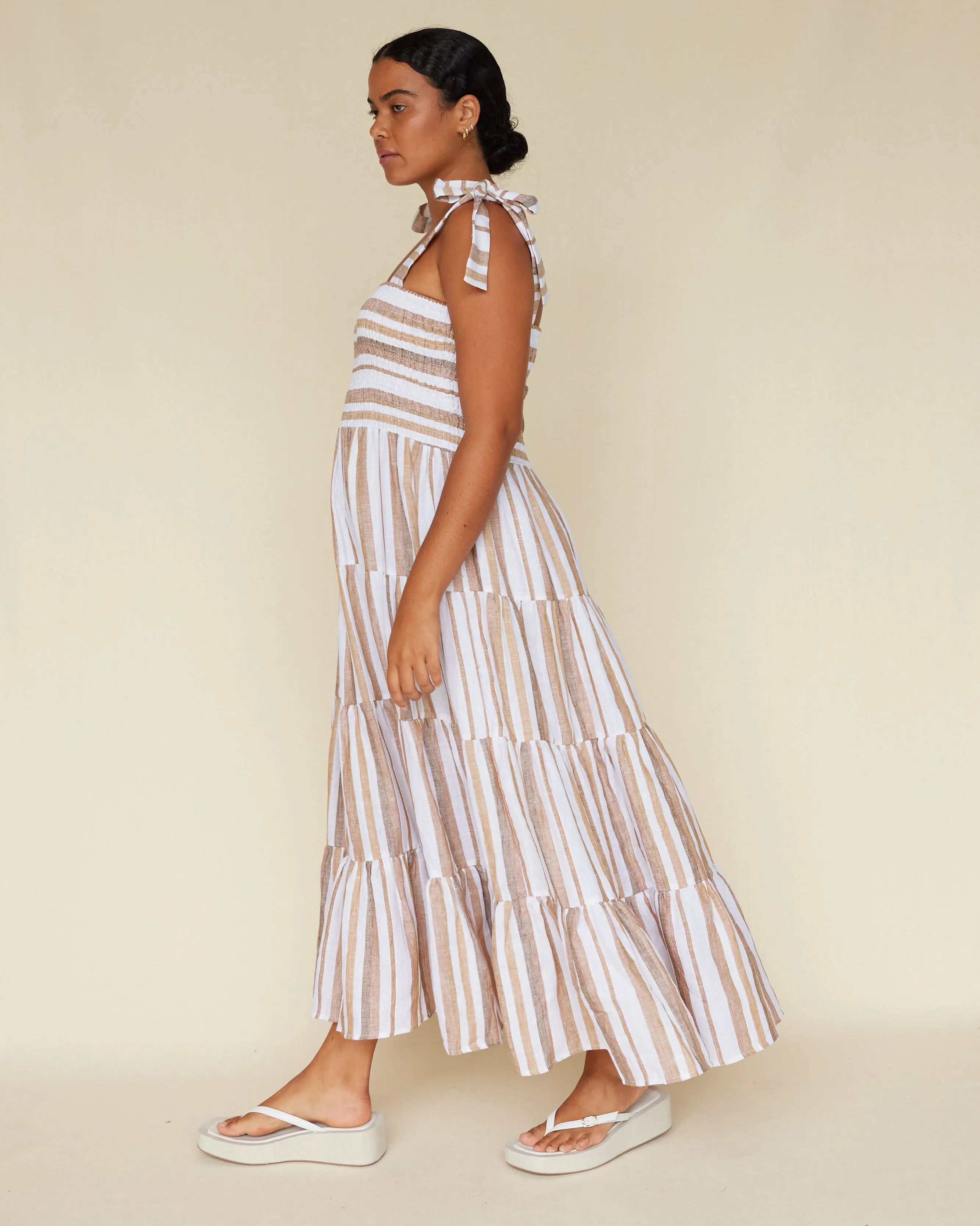 Zanci Stripe Linen Dress - Earth Brown