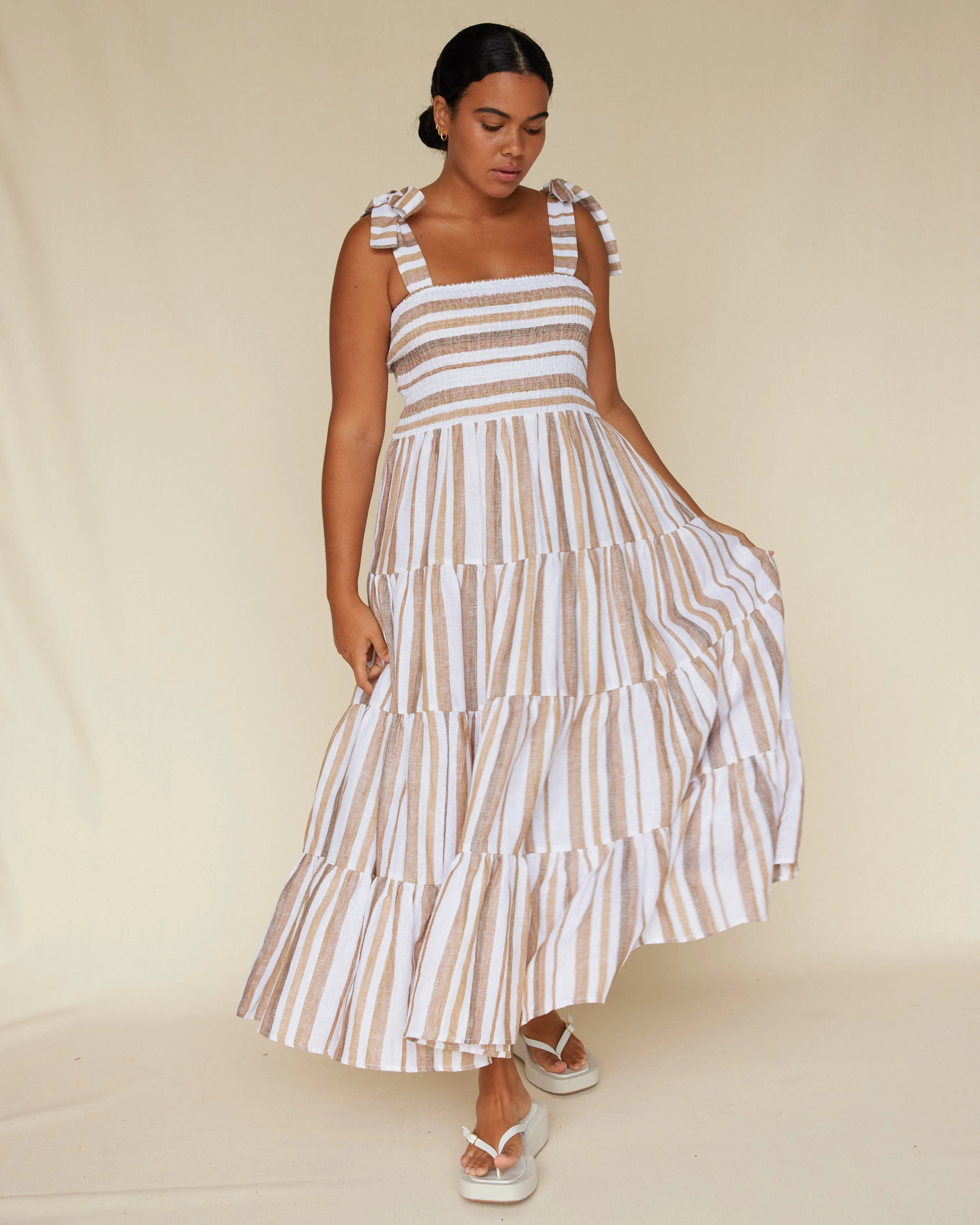Zanci Stripe Linen Dress - Earth Brown